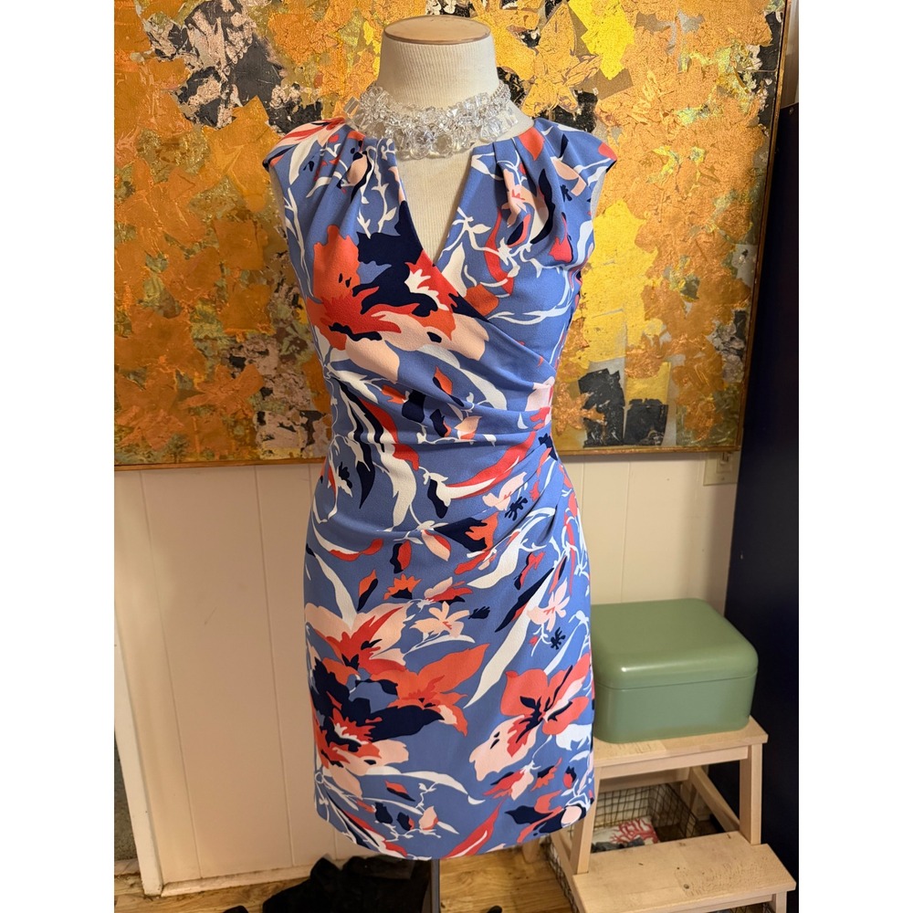Adrianna Papell Blue Floral Ruched Faux Wrap Sheath Dress Size 8